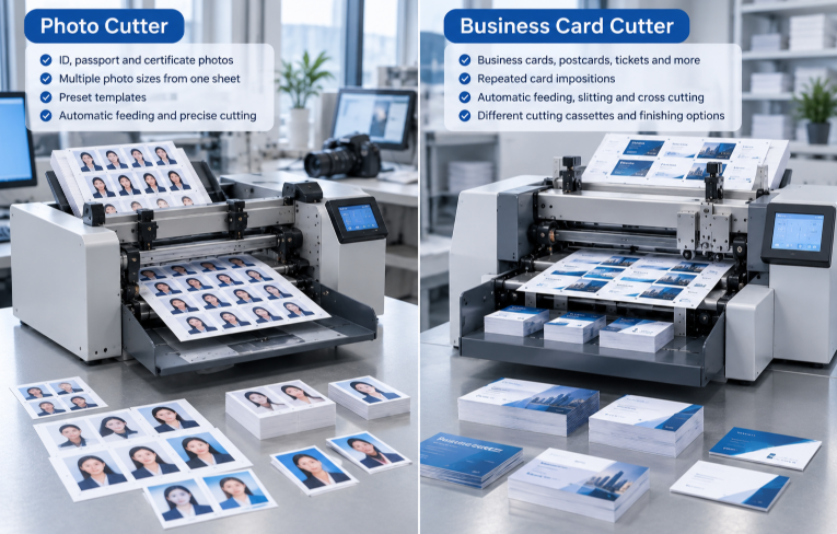 Photo cutter and automatic business card cutter processing different printed sheet layouts Photo cutter and automatic business card cutter processing different printed sheet layouts